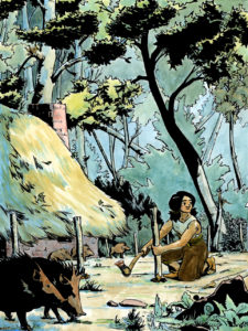 A woman near a thatched roof house, dwarfed by a deep forest, building a fence for her peccaries.